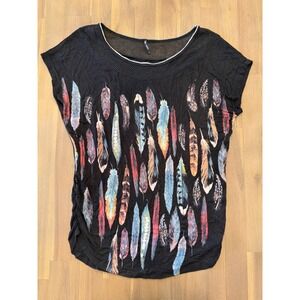 Skinny Minnie Black Feather Print Mesh Yoke Short Sleeve Top VS3810 Small